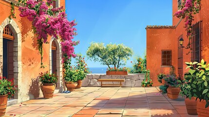 Wall Mural - Mediterranean courtyard with terracotta tiles vibrant flowers and potted plants