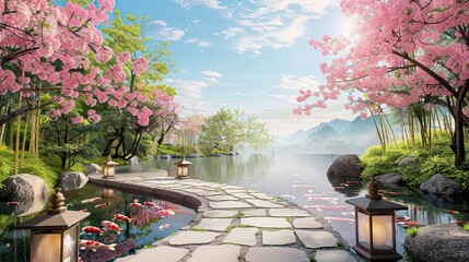 Canvas Print - Japanese garden with stone pathway koi pond and blossoming cherry trees