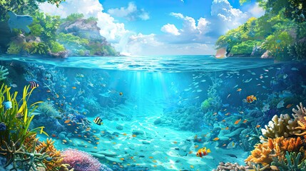 Wall Mural - Tropical coastal scene with coral reef clear water fish and seaweed