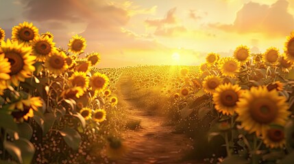 Sticker - Golden sunflower field at sunset with dirt path and long shadows