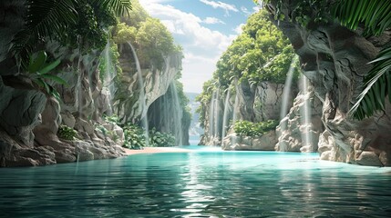 Canvas Print - Lagoon with clear water towering cliffs waterfalls and lush greenery