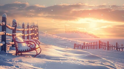 Wall Mural - Winter sleigh resting by a fence snowy hills and warm golden light reflecting on snow