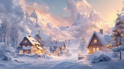 Poster - Snowy village with cottages glowing windows chimney smoke and snow-capped mountains