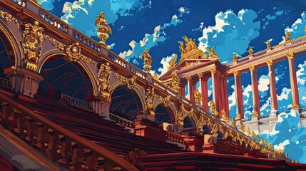 Wall Mural - Non-real Versailles scene with gold accents and white clouds lit by red highlights