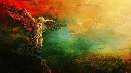 Wall Mural - Imaginary Angel of Independence scene with red sky and deep green landscape