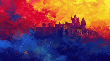 Wall Mural - Imaginary Alczar of Segovia shining under a red and yellow sky with deep shadows