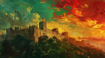 Wall Mural - Fictional So Jorge Castle glowing beneath a red sunset sky with green landscapes