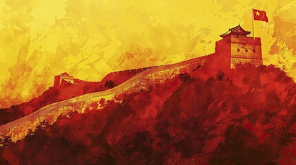 Wall Mural - Fictional Great Wall of China glowing in red with a bold yellow sky and shadows