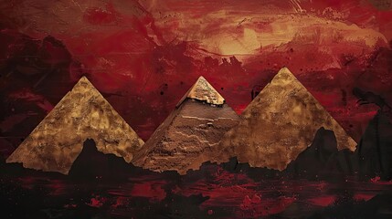 Fictional Pyramids of Giza glowing in gold under a red sky with black shadows