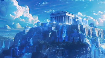 Wall Mural - Imaginary Acropolis glowing in blue and white with a bright sky blending ancient hues