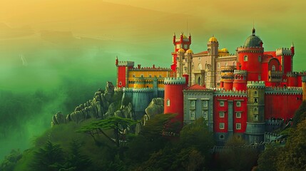 Non-real Pena Palace in Sintra glowing in red and green Portuguese flag colors atop a lush hill