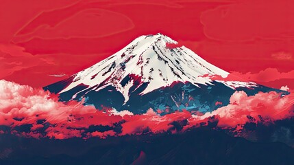 Poster - Fictional Mount Fuji glowing in red and white colors under a bright crimson sky