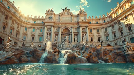 Wall Mural - Non-real Trevi Fountain flowing with green white and red waters set under a peaceful blue sky