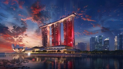 Poster - Fictional Marina Bay Sands glowing in Singapore's red and white flag colors under a night sky