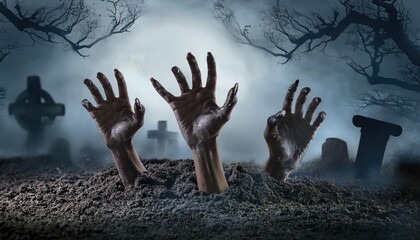 zombie hand in the night. zombie hand in the sky. Zombie Hands Emerging from the Ground. A chilling image of several decayed, zombie hands. halloween background. halloween wallpaper 2k, 4k 8k. 