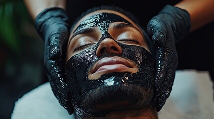 Close-up of a man receiving a facial treatment with a black mask