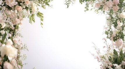 Wall Mural - Wedding ceremony arch adorned with delicate flowers, standing tall with a white background, symbolizing beauty and love.