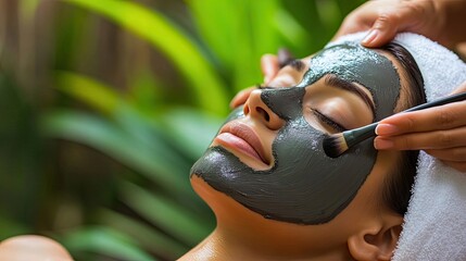 Woman receiving facial treatment with a black mud mask