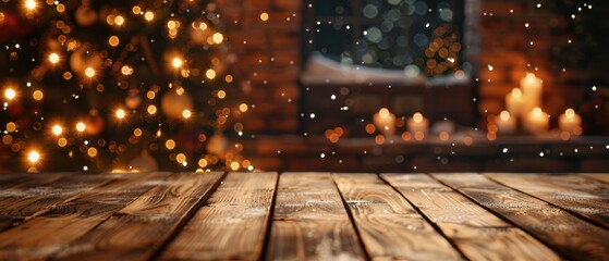 Wall Mural - Wooden table decorated with pinecones and Christmas lights, creating a warm and cozy winter holiday scene. Free copy space for text.