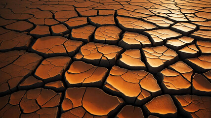 Orange light on cracked mud texture surface background