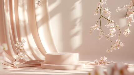 Wall Mural - Elegant 3D rendering of minimalism with soft pink and beige podiums, draped silk fabric, gentle shadows, and delicate flowers on a serene background 