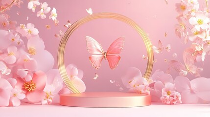 Poster - Butterfly podium background in pink with a 3D flower pedestal, rose stage, and cosmetic wedding platform. Features a gold butterfly arch, floral beauty, spring presentation, and product mock up