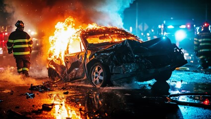 car accident with vehicle engulfed in flames after collision, firefighters and emergency responders battling intense fire in dramatic nighttime scene