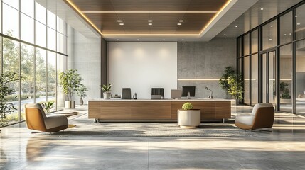 Modern Lobby with Wooden Desk, Two Armchairs, and Windows