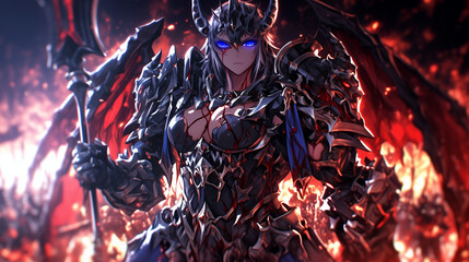 Wall Mural - fierce female demon warrior clad in spiked black armor with glowing blue eyes standing amidst flames