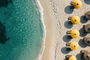 Beautiful aerial view of the beach with waves, the sea is blue and green. Seamless looping 4k time-lapse video animation background. Beautiful simple AI generated image