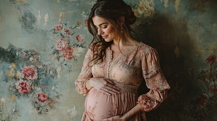 Pregnant Woman in a Floral Dress Against a Floral Background