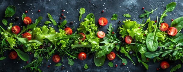 Wall Mural - Vibrant green vegetables and fresh tomatoes arranged against a dark background, representing healthy eating. Free copy space for text.