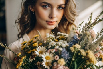 A woman is holding a bouquet of flowers, with a variety of colors including yellow, blue, and pink. The flowers are arranged in a way that makes them look fresh and vibrant