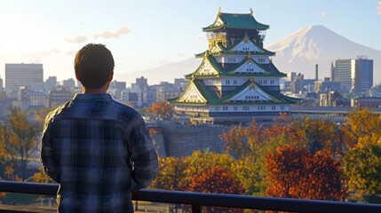 Man backpacher who holds mobile phone on gimbal visiting Asia during a sunny day , Solo trip , holiday and vacations concept .