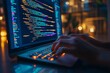 © bitano - Closeup of hands typing on a keyboard with digital technology, software development concept. Coding programmer, software engineer working on laptop