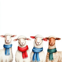 A flock of sheep wearing Christmas scarves in a snowy field, watercolor illustration, isolated on white background