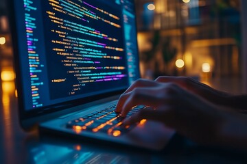 closeup of hands typing on a keyboard with digital technology, software development concept. coding 