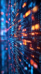 Abstract digital background with binary code and bokeh lights in blue and red colors.