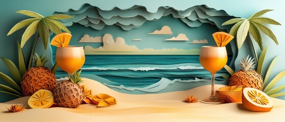 Papercraft Beach Scene with Pineapple and Orange Cocktails