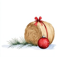 Wall Mural - A hay bale decorated with Christmas ornaments in a snowy field, watercolor illustration, isolated on white background