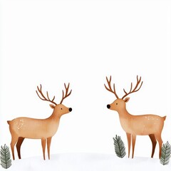 Wall Mural - A pair of festive reindeer standing in a snowy field, holiday decorations on barn, watercolor illustration, isolated on white background