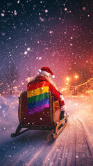 Sticker - Adventurous Santa with LGBT Flag Soaring in Snowy Night Sky