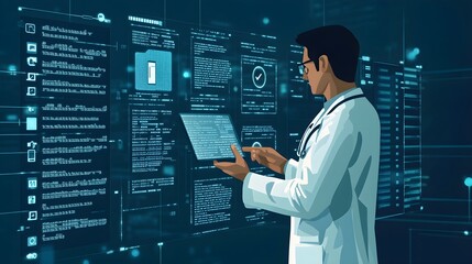 Wall Mural - Doctor Using Digital Tablet with Data Visualization