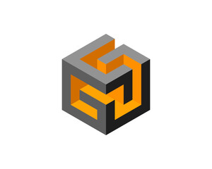 Cube logo, geometric vector design. Box logotype company, trendy tech emblem in pixel style.