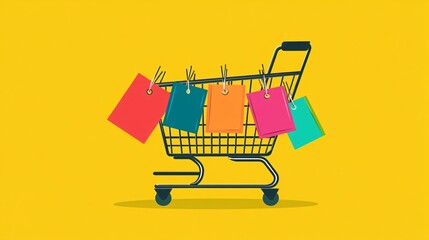 Wall Mural - Shopping cart illustration with various discount tags hanging from the handle, presented in a flat vector style. The colorful graphics and minimalistic background create a strong focus on the sale.