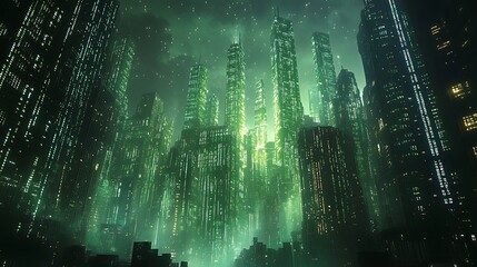 A digital landscape where binary code streams through a futuristic cityscape, with towering skyscrapers formed from glowing ones and zeros. The scene represents the integration of data into
