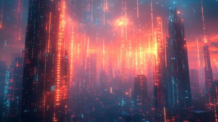 A digital landscape where binary code streams through a futuristic cityscape, with towering skyscrapers formed from glowing ones and zeros. The scene represents the integration of data into