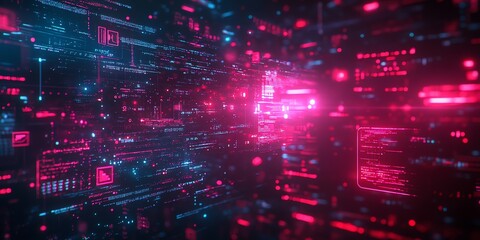 Abstract digital background with neon glow and glowing data in a futuristic style.