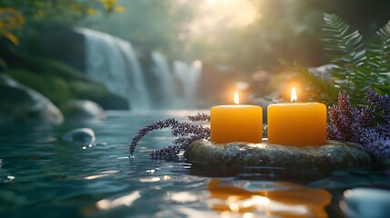 Wall Mural - two burning candles on a rock in a river with a waterfall in the background.