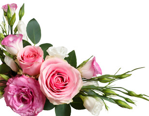 Wall Mural - Pink rose and eustoma flowers in a corner floral arrangement. Generative AI.